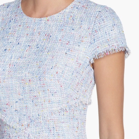 NWOT Eliza J Light Blue Tweed Sheath Dress Eyelash Fringe Trim Size 12 - Picture 6 of 11